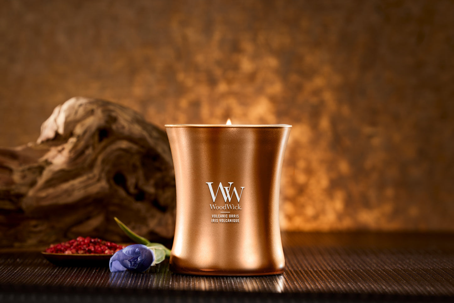 WoodWick Precious Metals Medium Candle – Volcanic Orris Copper