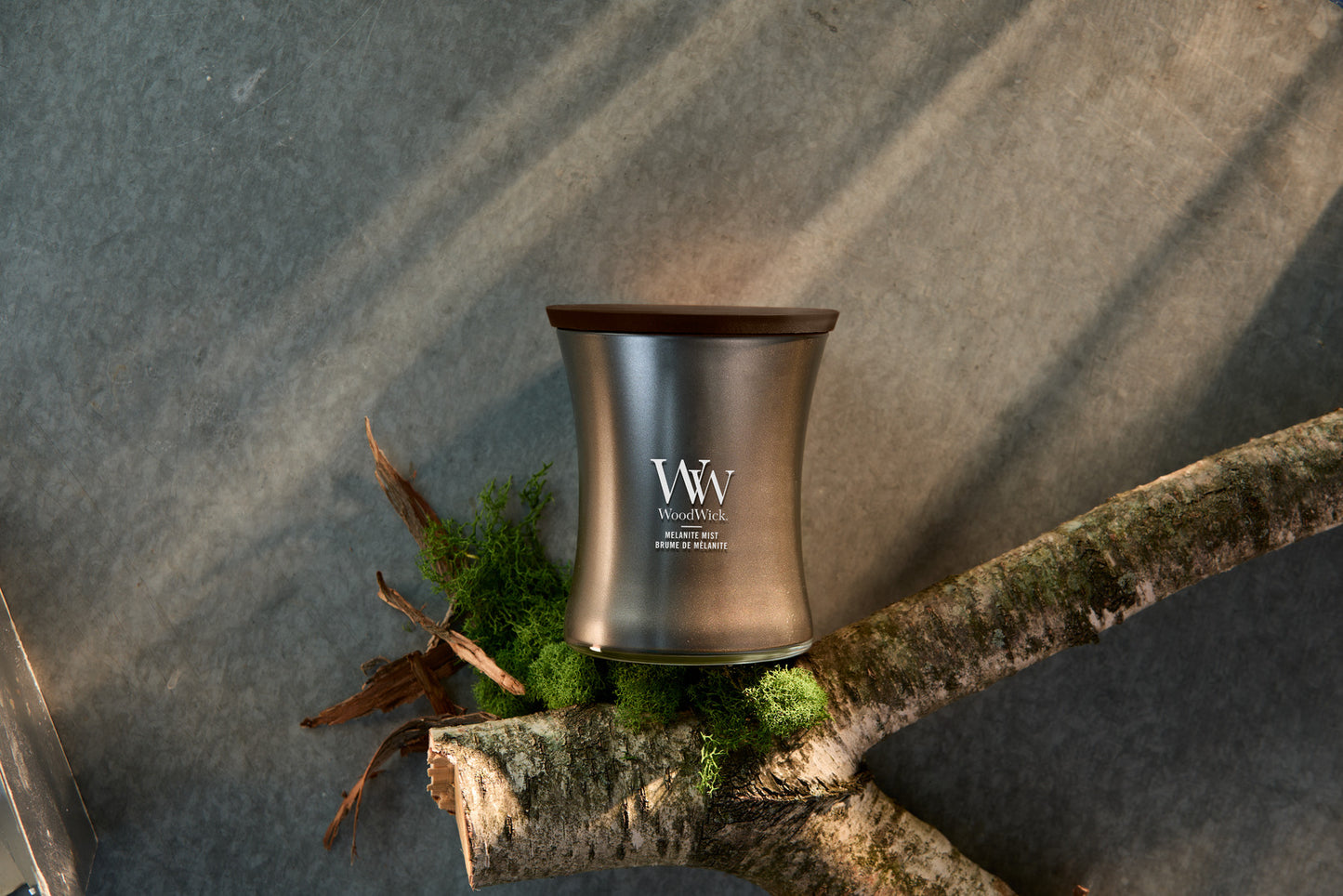 WoodWick Precious Metals Medium Candle – Melanite Mist Gunmetal