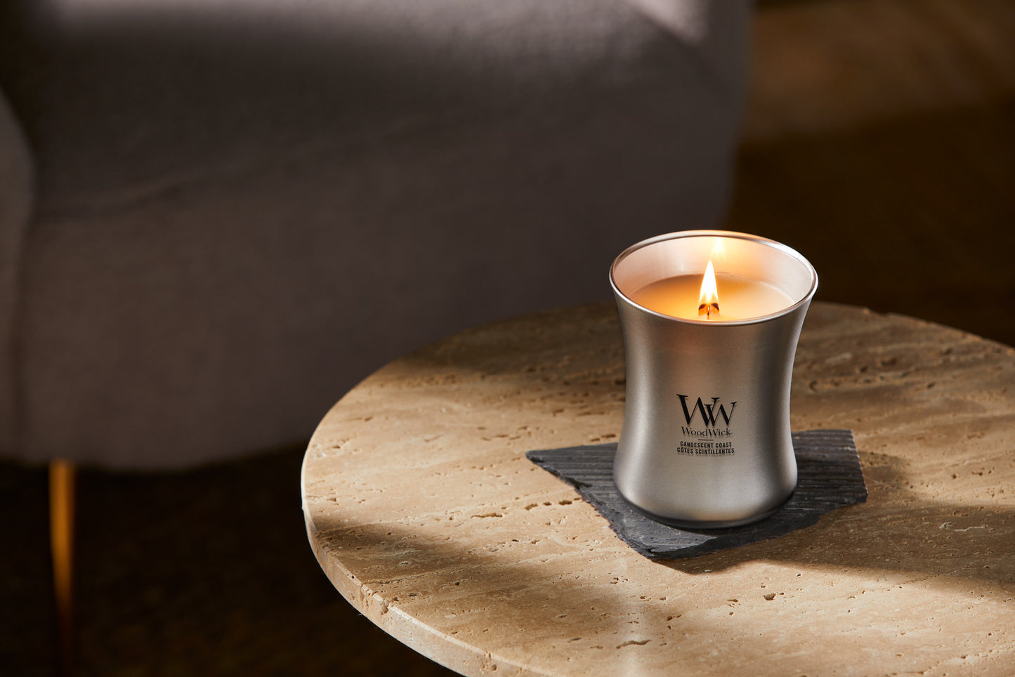 WoodWick Precious Metals Medium Candle – Candescent Coast Silver