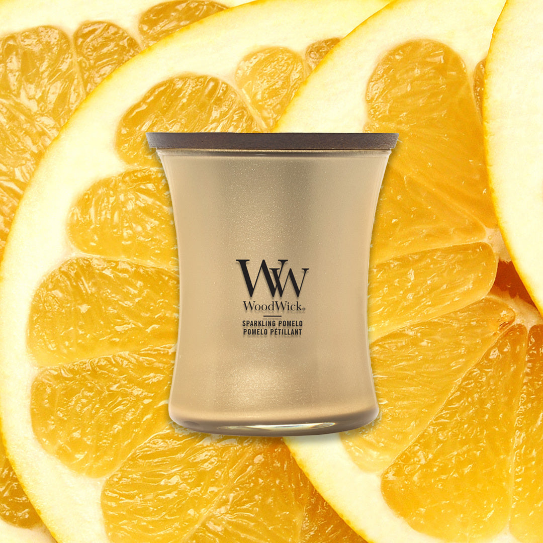 WoodWick Precious Metals Medium Candle – Sparkling Pomelo Champagne