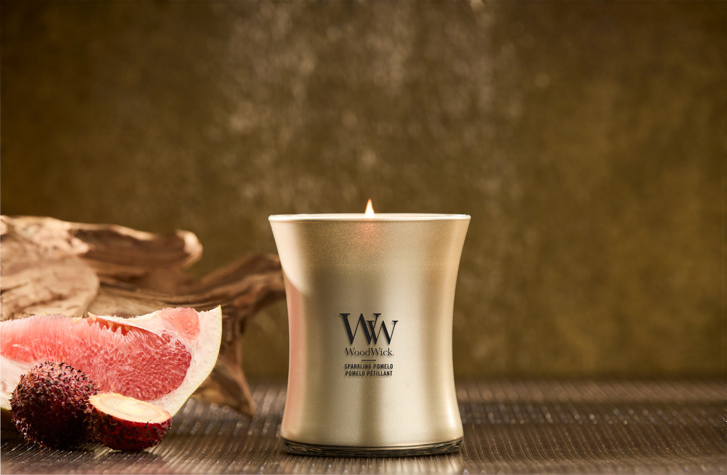 WoodWick Precious Metals Medium Candle – Sparkling Pomelo Champagne