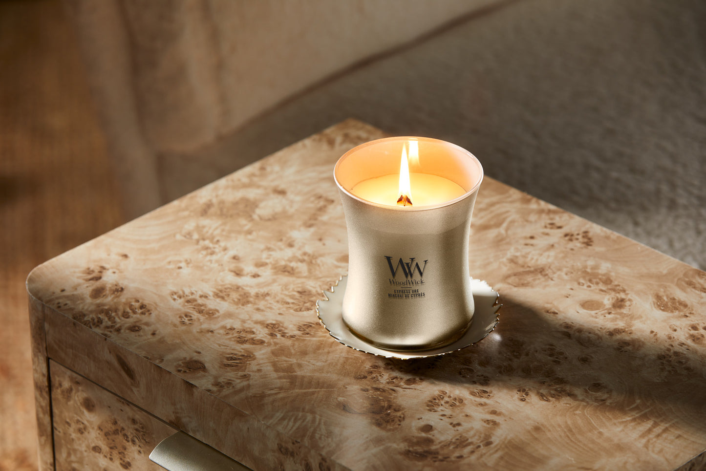 WoodWick Precious Metals Medium Candle – Cypress Ore Warm Nickel