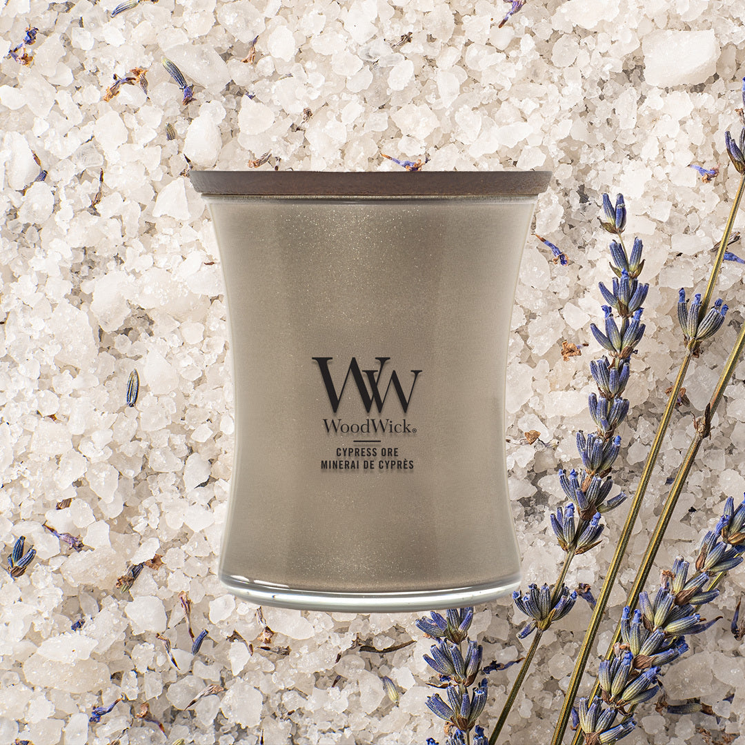 WoodWick Precious Metals Medium Candle – Cypress Ore Warm Nickel